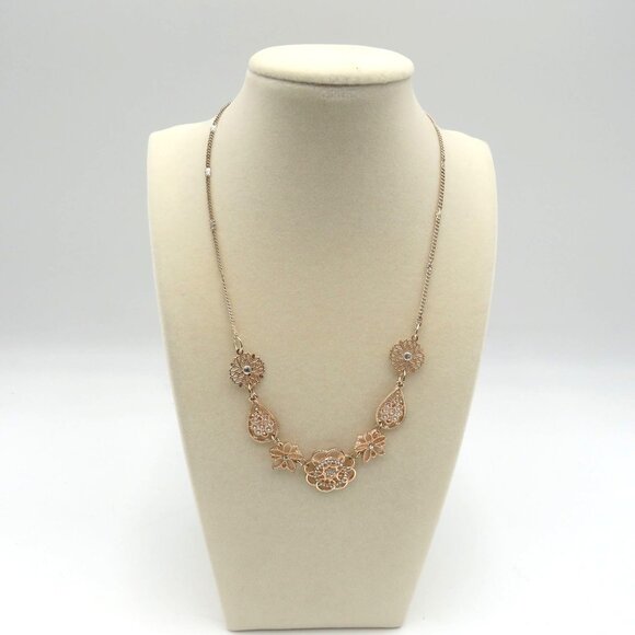 Lauren Conrad Necklace Rose Gold Tone Floral Bib Rhinestone 18" Adjustable Chain - Picture 1 of 8